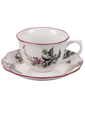 2-delige set: mokken met schotels "Vintage Xmas" crème/groen/rood - 380 ml