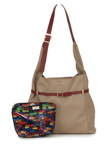 Leder-Schultertasche "Grenta" in Beige/ Rot - (B)37 x (H)31 x (T)15 cm