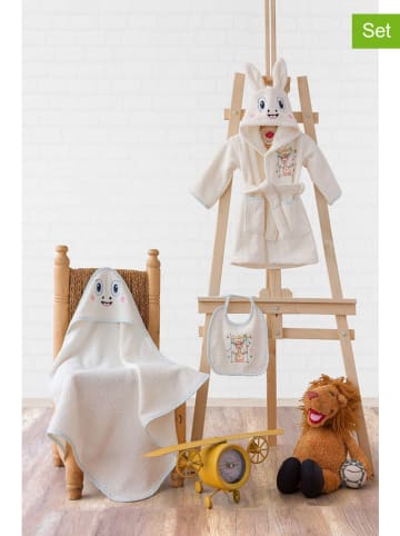3tlg. Bademantel-Set "Zürafa" in Creme