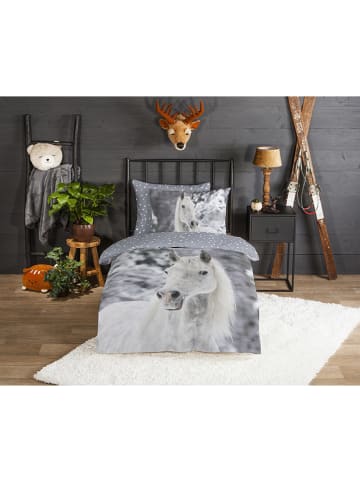 Flanellen beddengoedset "Bonnie" grijs/wit