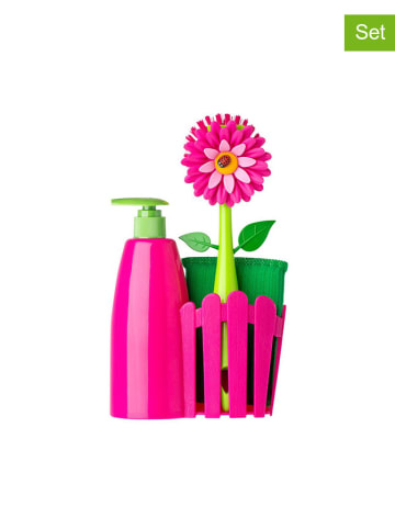 4tlg. Set: Seifenspender, Bürste, Schwamm und Behälter in Pink/ Grün