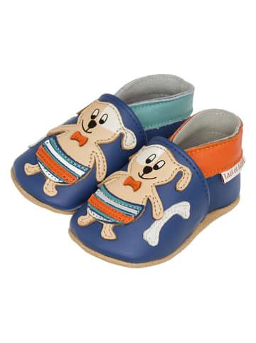 Lait et Miel Leder-Hausschuhe "Hunde am Meer" in Beige/ Blau