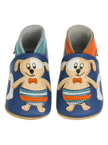 Lait et Miel Leder-Hausschuhe "Hunde am Meer" in Beige/ Blau