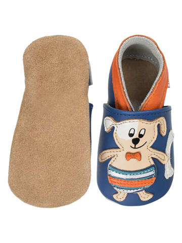 Lait et Miel Leder-Hausschuhe "Hunde am Meer" in Beige/ Blau