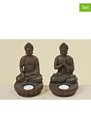 Boltze 2-delige set: waxinelichthouders "Boeddha" bruin - (H)19 cm