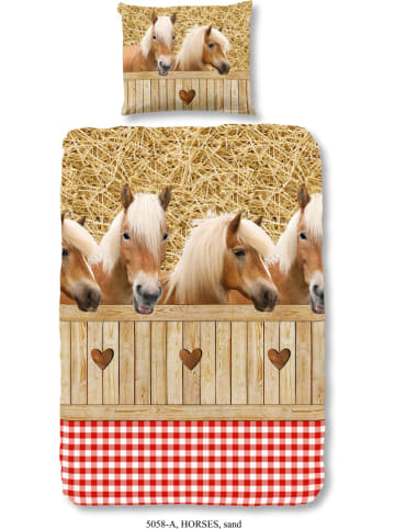 Good Morning Beddengoedset "Horses" beige/rood