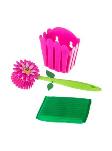 Vigar 3tlg. Set: Küchenbürste, Schwamm und Behälter in Pink/ Grün