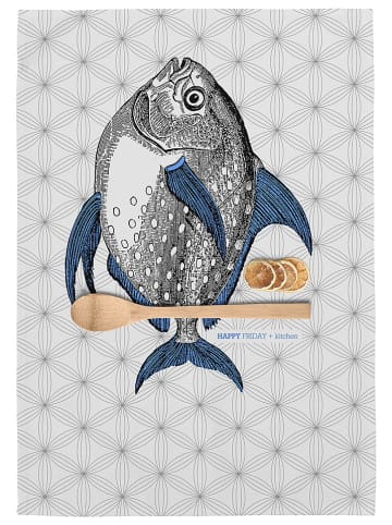 Happy Friday 2-delige set: theedoeken ''Fish'' wit/grijs/meerkleurig