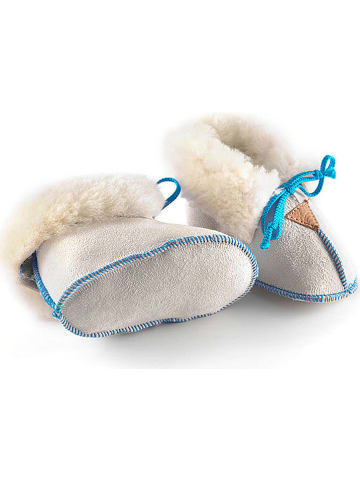 Hofbrucker Babyschoenen met lamsvacht "Schnürli" wit/blauw