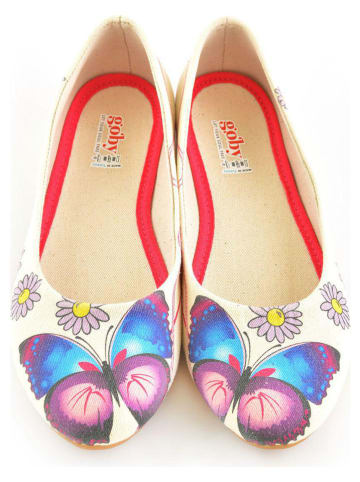 Goby Leren ballerina's beige/blauw/lichtroze