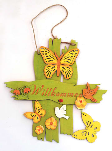 HGD Holz-Glas-Design Dekoschild "Willkommen" in Hellgrün/ Bunt - (B)28 x (H)31 x (T)2 cm