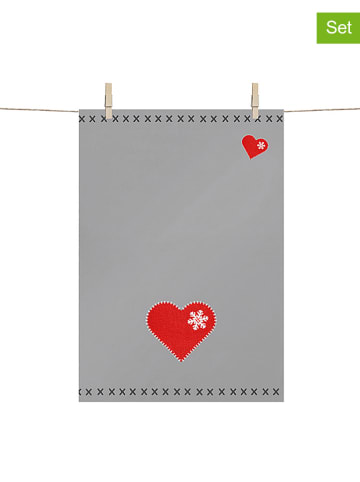 ppd 6-delige set: theedoeken "Heart" grijs/rood - (L)68 x (B)48 cm