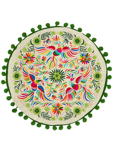 Folkifreckles Poduszka "Ave Otomi" w kolorze zielono-kremowym - Ø 45 cm