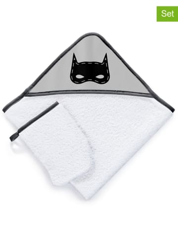 Tanuki 2tlg. Set: Kapuzenbadetuch und Waschhandschuh "Superhero" in Schwarz/ Weiß