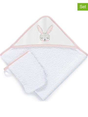 Tanuki 2tlg. Set: Kapuzenbadetuch und Waschhandschuh "Cute Rabbit" in Weiß/ Rosa
