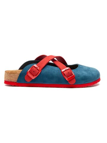 Comfortfusse Leder-Clogs in Dunkelblau/ Rot