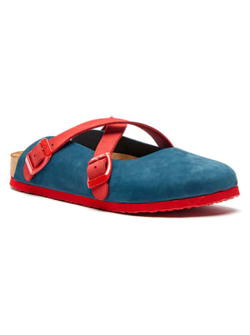 Comfortfusse Leder-Clogs in Dunkelblau/ Rot