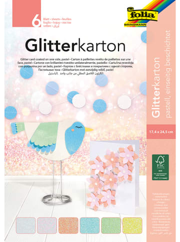 folia PAPER Glitterkarton "Pastell" in Bunt - 6 Blatt - (L)24,5 x (B)17 cm