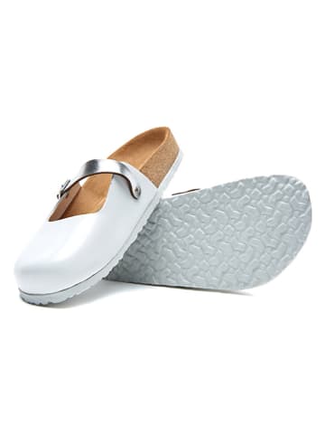 Comfortfusse Leder-Clogs in Silber/ Weiß