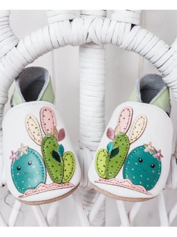 Lait et Miel Skórzane buty "Kaktus" w kolorze biało-zielonym do raczkowania