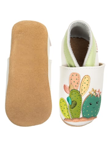 Lait et Miel Leder-Krabbelschuhe "Kaktus" in Weiß/ Grün