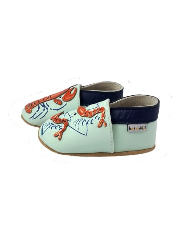 Lait et Miel Leder-Krabbelschuhe "Hummer und Kinder" in Hellblau/ Rot