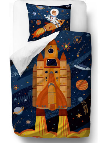 Mr Little Fox Satijnen beddengoedset "Space adventure" donkerblauw/oranje