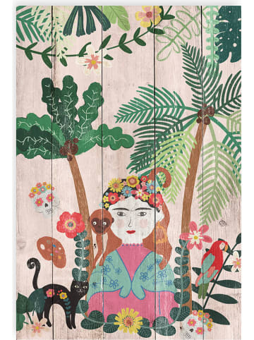 Folkifreckles Kunstdruk op hout "Frida Jungle" meerkleurig - (B)40 x (H)60 cm