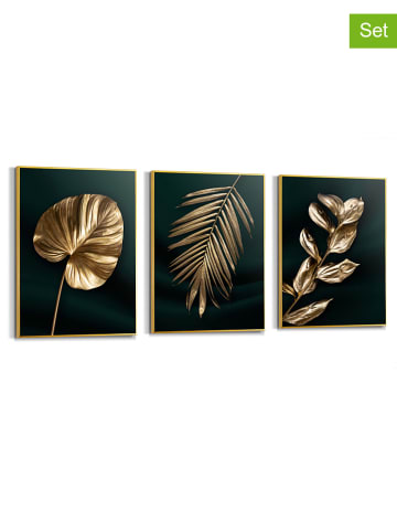 3er-Set: Gerahmte Kunstdrucke "Golden Leafs"