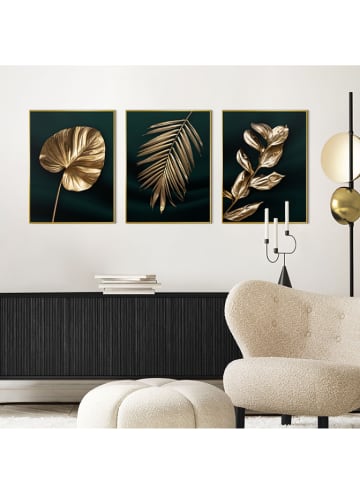 3er-Set: Gerahmte Kunstdrucke "Golden Leafs"
