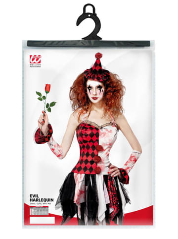 3tlg. Kostüm "HORROR HARLEKIN MÄDCHEN" in Rot/ Schwarz/ Weiß