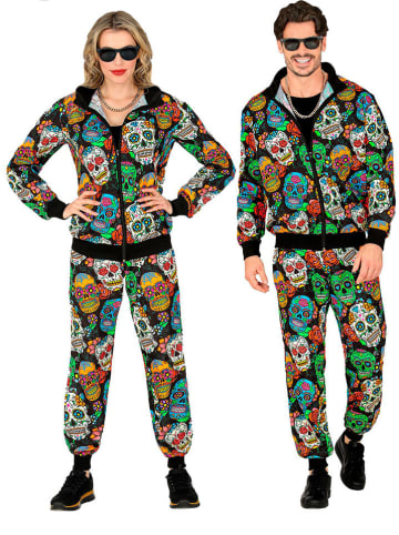 2tlg. Kostüm "PARTY FASHION TRAININGSANZUG DIA DE LOS MUERTOS" in Schwarz/ Bunt