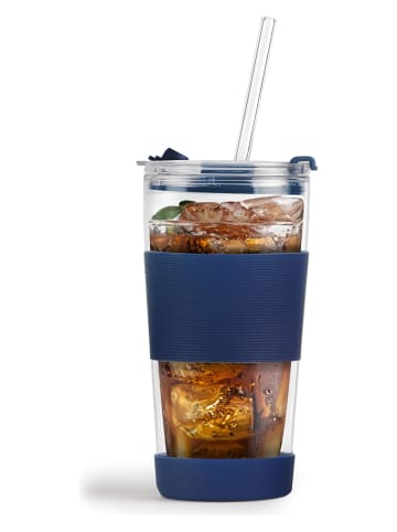 Thermoglas mit Trinkhalm in Dunkelblau - 600 ml