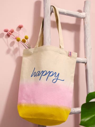 Shopper bag "Happy" w kolorze beżowo-jasnoróżowo-żółtym