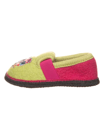 Wolvilten pantoffels "Bobby Küken" roze/groen