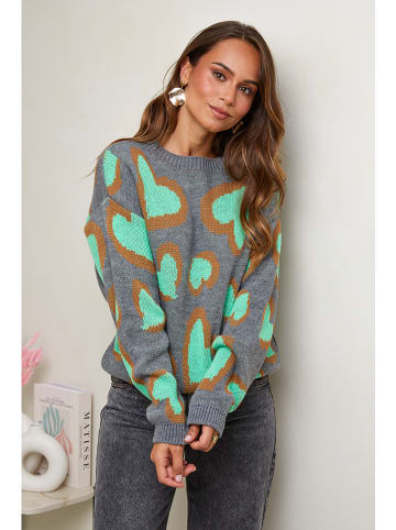 Pullover in Grau/ Türkis