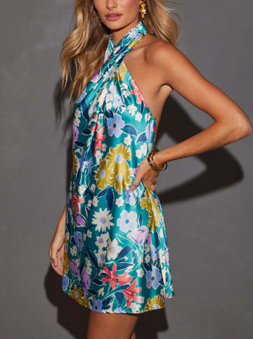 Jurk turquoise/lichtroze/geel