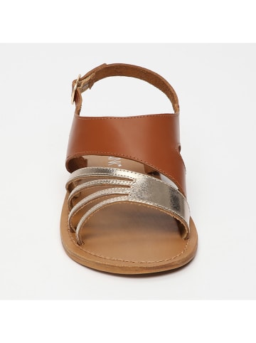 Leder-Sandalen in Hellbraun/ Gold