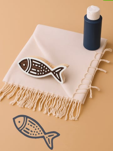 3tlg. Hamamtuch-Blockdruck-Set in Beige/ Petrol