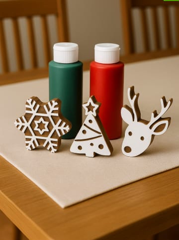 7tlg. Blockdruck-Set ''Christmas'' in Beige/ Grün/ Rot