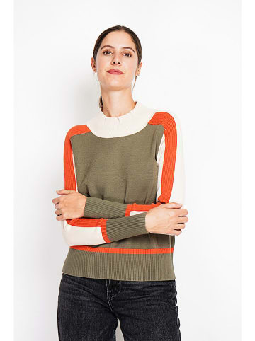 Sweter w kolorze oliwkowo-biało-pomarańczowym