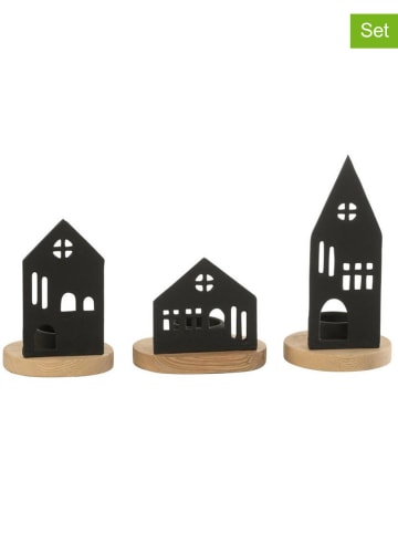 3er-Set: Teelichthalter "Haus" Schwarz/ Beige