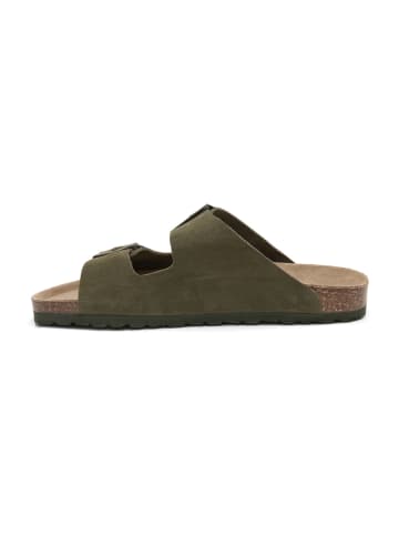 Leder-Pantoletten in Khaki
