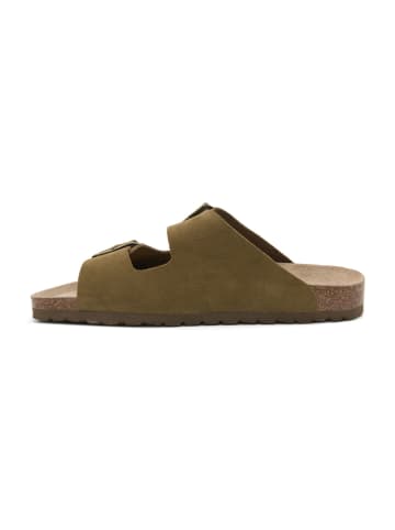 Leder-Pantoletten in Khaki