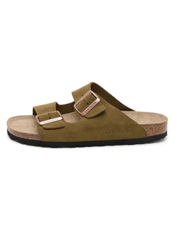 Leder-Pantoletten in Khaki