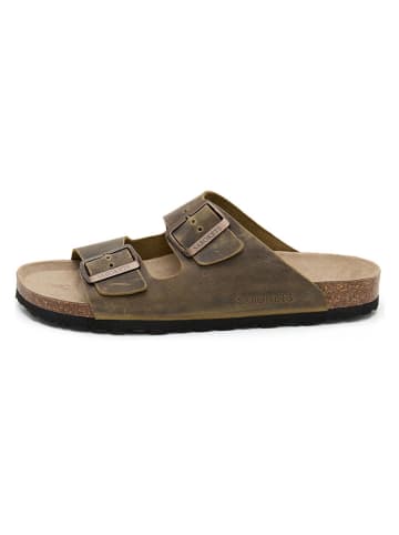 Leder-Pantoletten in Khaki