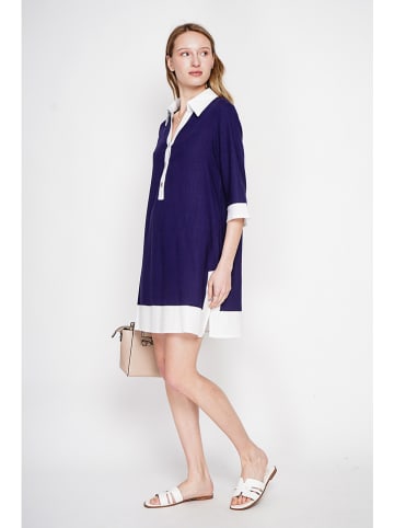 Leinen-Kleid  in Dunkelblau/ Weiß