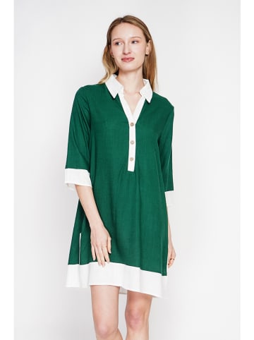 Leinen-Kleid in Grün/ Weiß