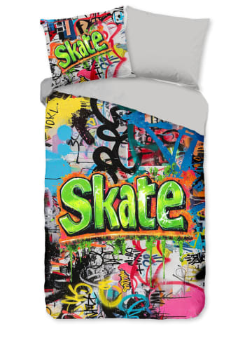 Flanellen beddengoedset  "Skate" grijs/meerkleurig