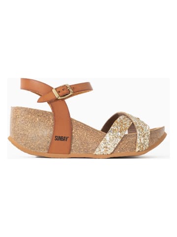 Leren sleehaksandalen camel/goudkleurig